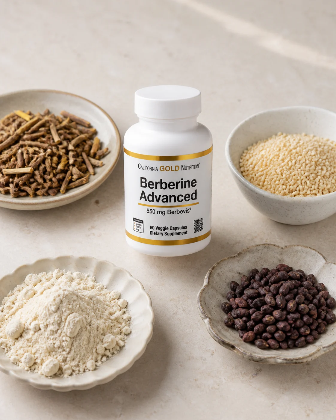 Berberine Advanced 제품과 매자나무 뿌리, 해바라기 레시틴, 완두 단백, 포도씨를 함께 둔 모습