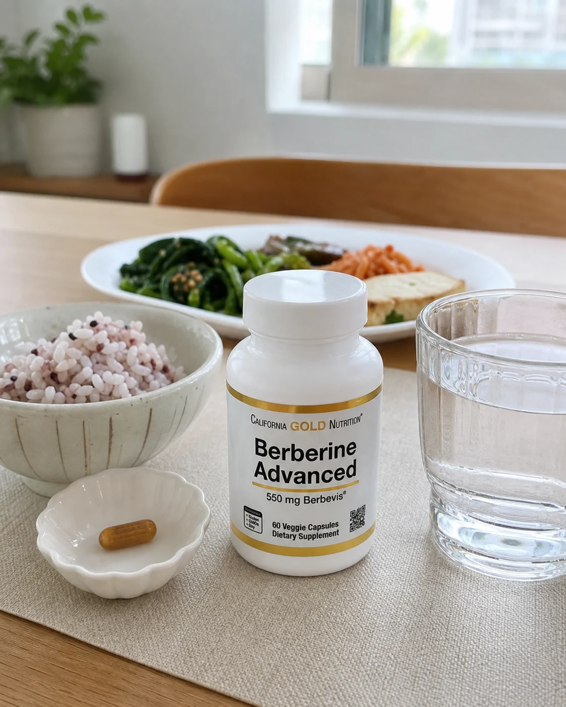 Berberine Advanced 제품을 식사와 물 옆에 둔 모습