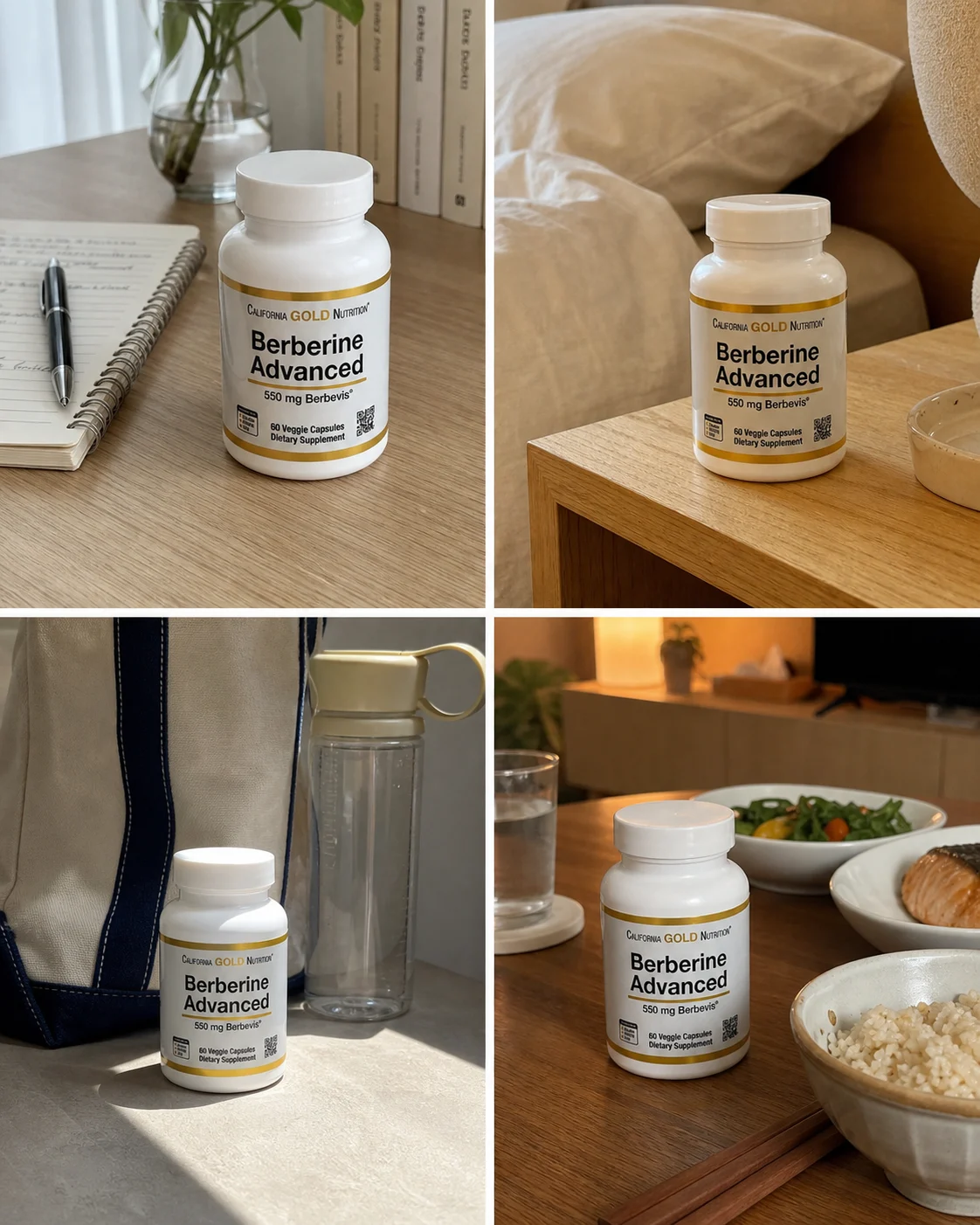 Berberine Advanced 제품을 책상, 침실, 가방, 식탁에 배치한 네 장의 생활 사진