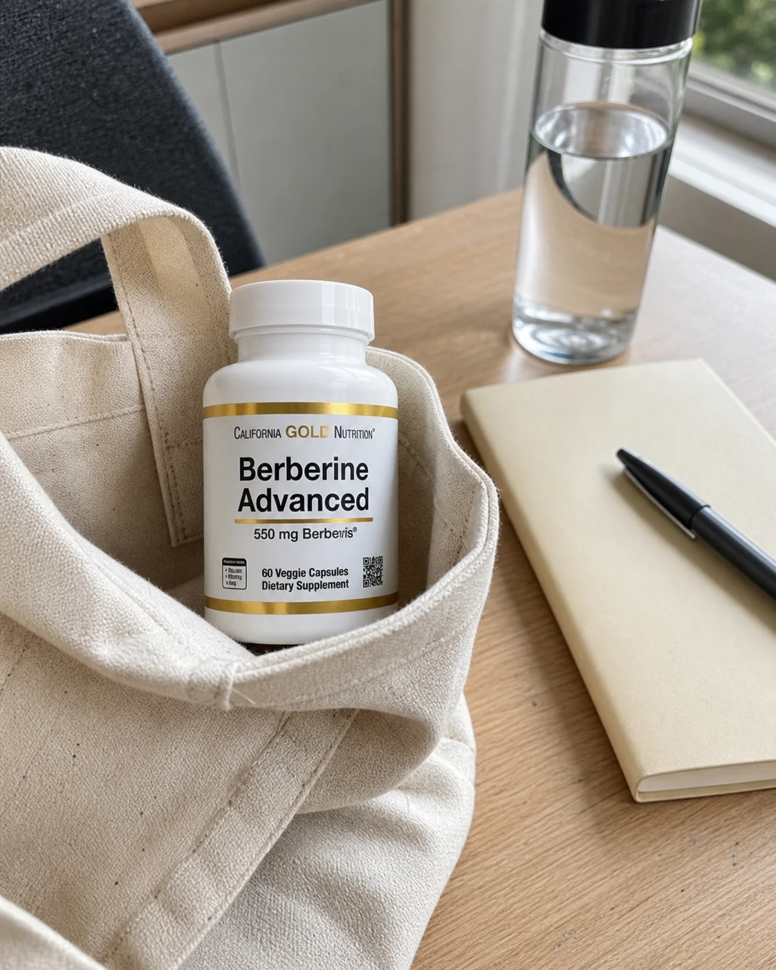 Berberine Advanced 제품을 캔버스 가방과 노트 옆에 둔 모습