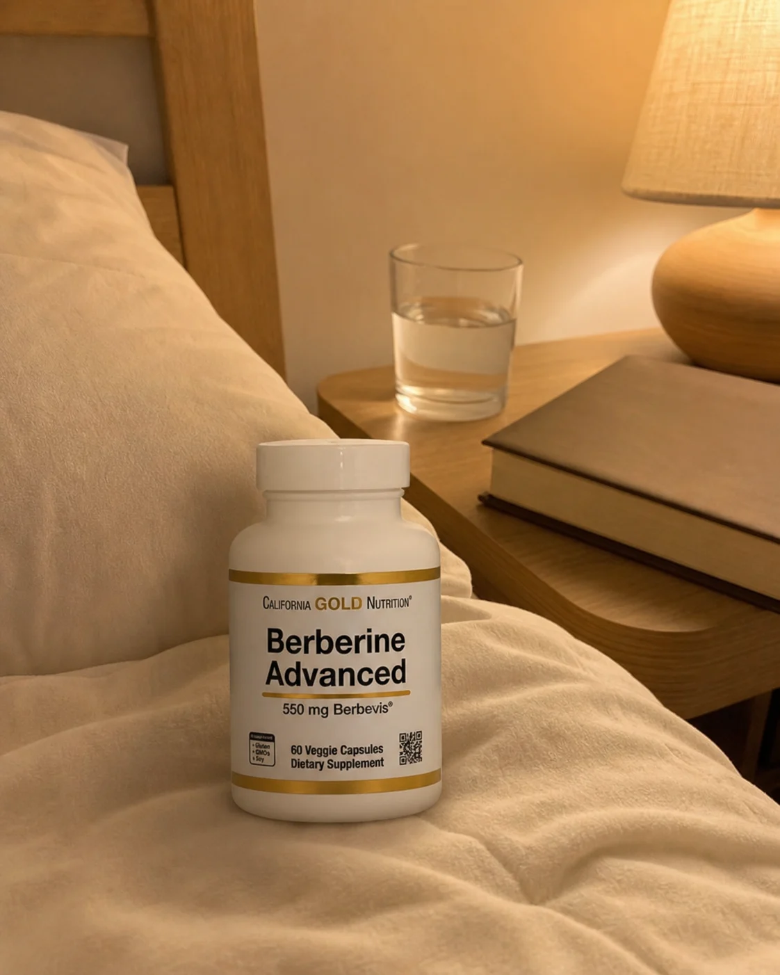 Berberine Advanced 제품을 크림색 침대 위에 둔 저녁 모습