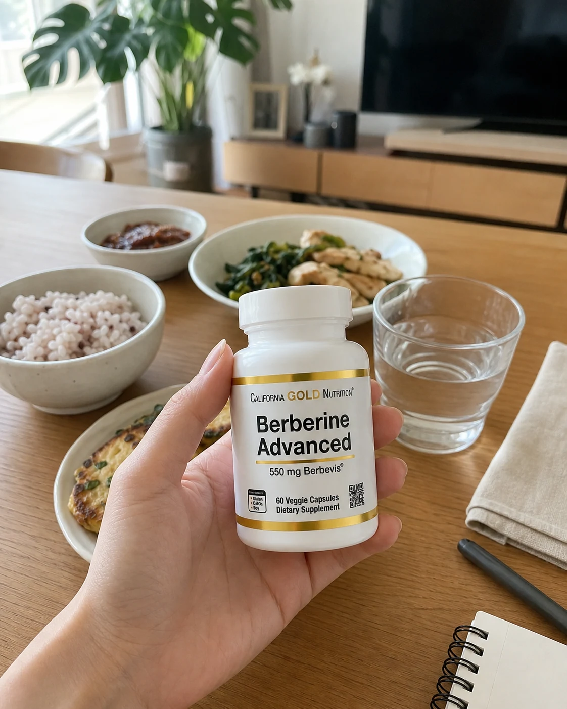 집 식탁에서 식사와 물 옆에 Berberine Advanced 병을 들고 있는 모습