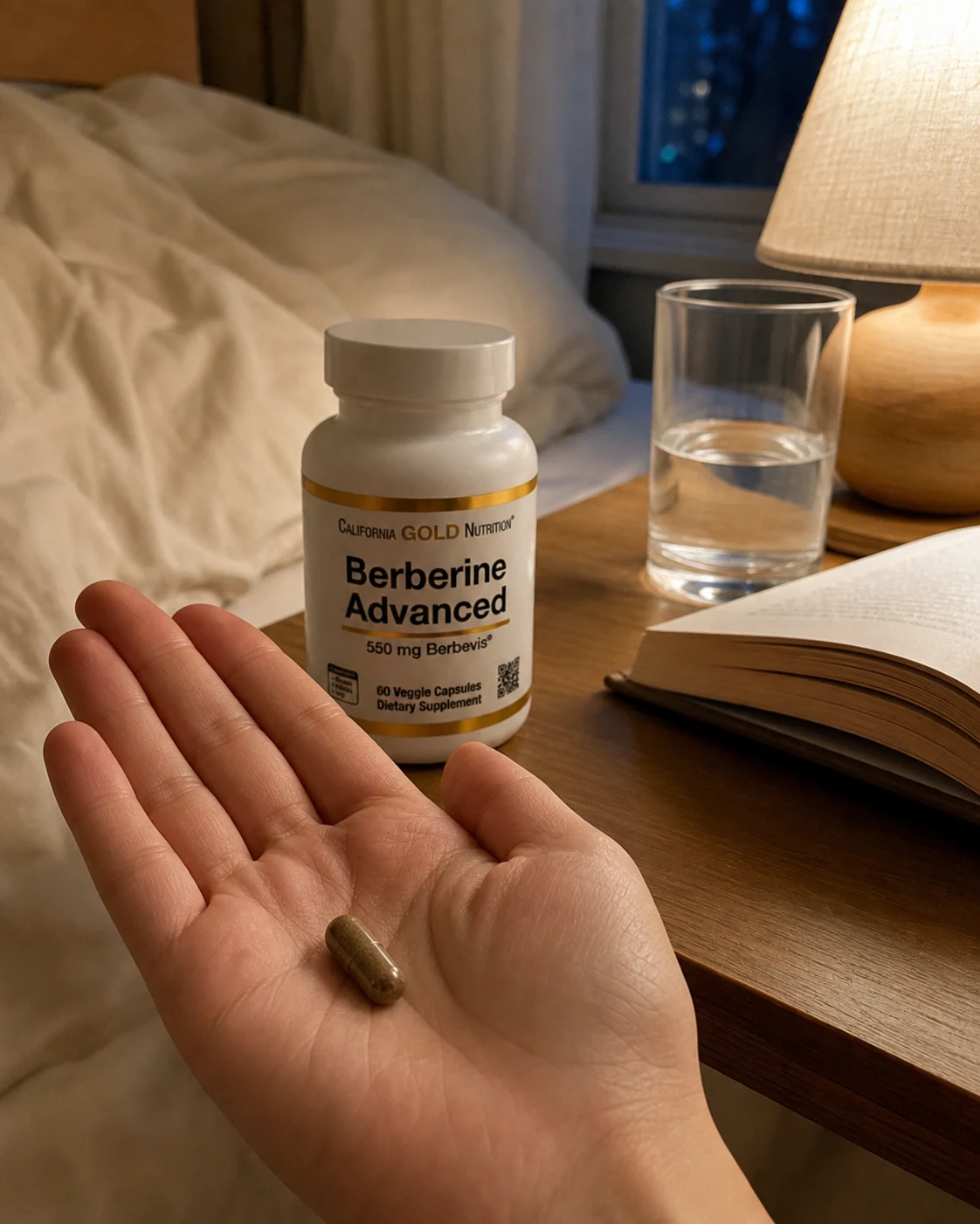 저녁 침실에서 Berberine Advanced 캡슐 한 알과 물을 준비한 모습