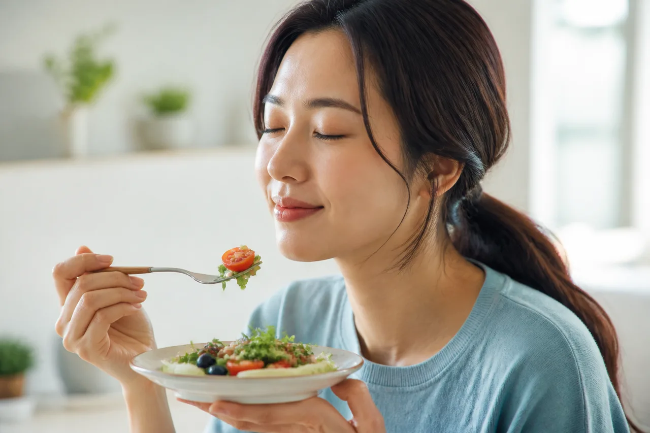신선한 음식을 맛보는 한국인 성인 이미지